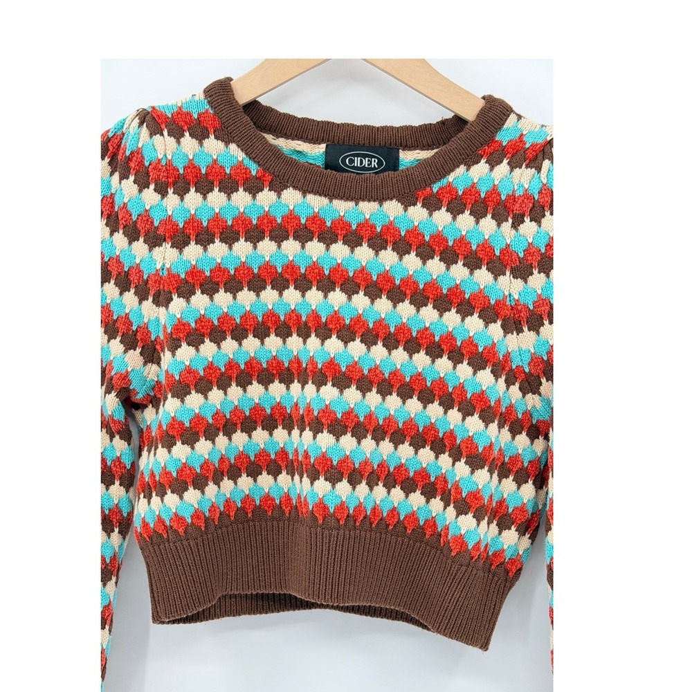 Cider Retro Diamond Knit Cropped Sweater Size S Geometric Boho Indie Fall Wear - Picture 3 of 6